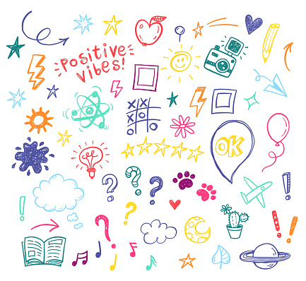 istock Happy positive Kids doodles, funny hand drawn set, education, kindergarden, adventure, birthday, holidays, social media, blogging illustrations 1225185577