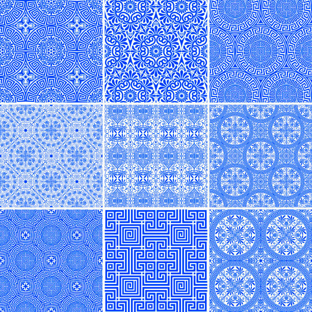 illustrazioni stock, clip art, cartoni animati e icone di tendenza di insieme vettoriale di modelli greci tradizionali moderni e antichi senza soluzione di continuità. i motivi sono nella tavolozza dei campioni - pattern baroque style vector ancient