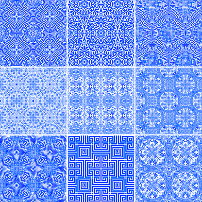 Vector set of modern and ancient traditional seamless greek patterns. Blue ethnic endless ornament for print, design, decoration of fabric, wallpaper, greeting, invitation, card, menu, bedding, shawl