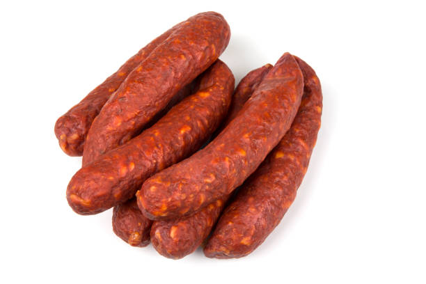 istock Home made smoked sausages on a white 1225185642