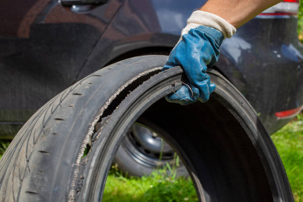 damaged tire in drive.  the hand of the master in a blue glove holds the torn tire with wire. close up. on the background black car in blur stock photo
