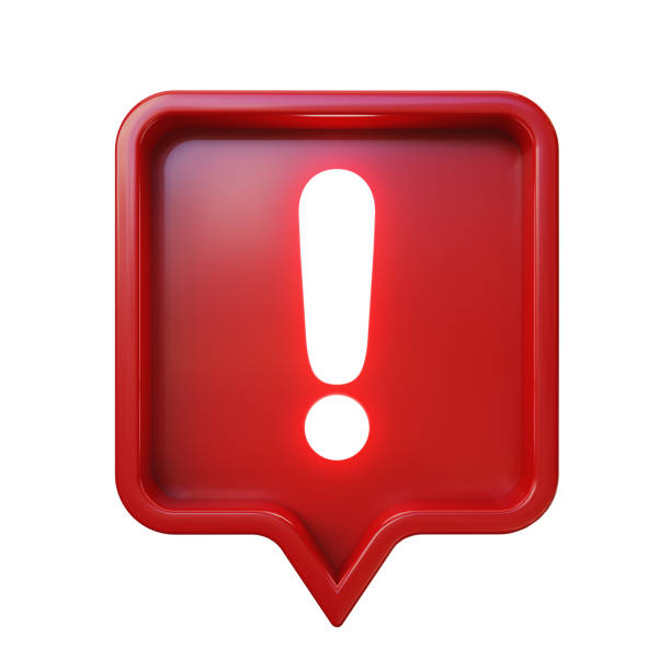 Shiny exclamation mark in red rounded square pin. Isolated, clipping path included. 3d illustration.