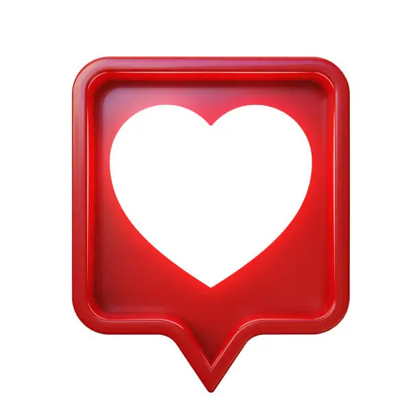 Photo of 3d social media notification. Shiny heart symbol in red rounded square pin.