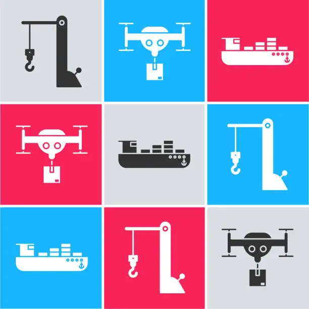 Vector illustration of Set Harbor port crane, Delivery drone with the package and Cargo ship with boxes delivery service icon. Vector