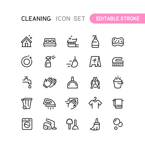 Cleaning Outline Icons Editable Stroke Set of outline cleaning vector icons. Editable stroke. bucket and sponge stock illustrations