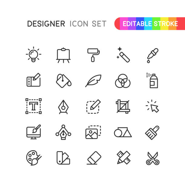ilustraciones, imágenes clip art, dibujos animados e iconos de stock de iconos de contorno del diseñador gráfico trazo editable - gráfico por ordenador
