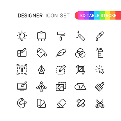 Set of graphic designer outline vector icons. Editable stroke.