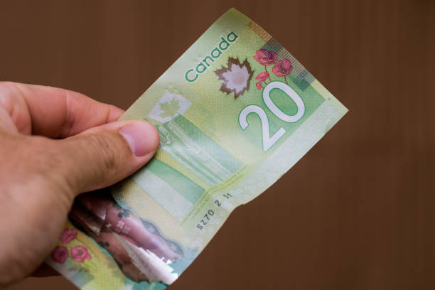 Persons hand giving the Currency of the Canada - One green twenty dollar notes spread out on a brown background. Money exchange. stock photo