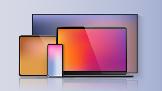 Vector minimalistic 3d illustration set device. Realistic smartphone laptop, tablet, tv. Soft color mesh gradient background