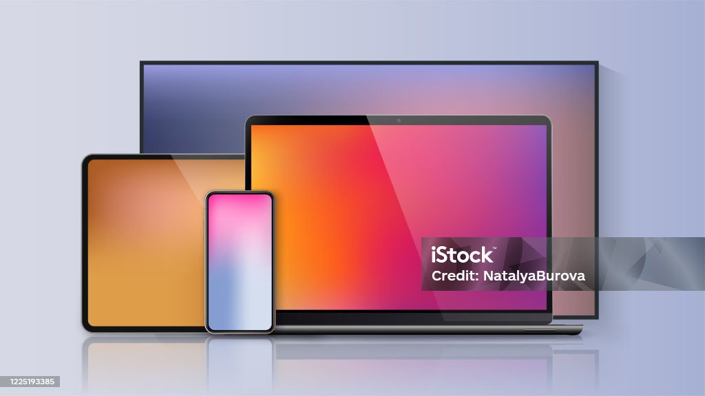 Vector minimalistic 3d illustration set device. Realistic smartphone laptop, tablet, tv. Soft color mesh gradient background. Vector isolated device screen for graphics presentations wallpaper design. Vector minimalistic 3d illustration set device. Realistic smartphone laptop, tablet, tv. Soft color mesh gradient background Television Set stock vector