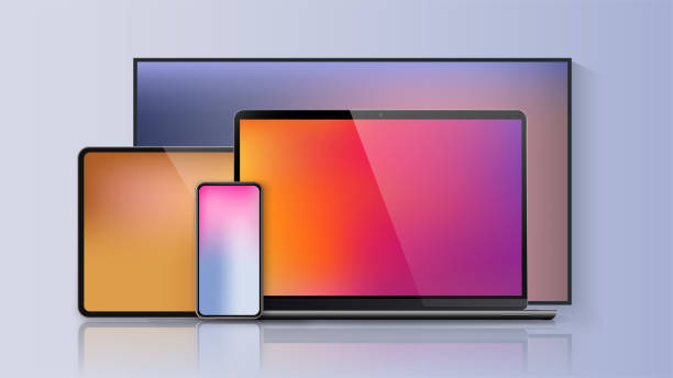 Vector minimalistic 3d illustration set device. Realistic smartphone laptop, tablet, tv. Soft color mesh gradient background. Vector isolated device screen for graphics presentations wallpaper design. Vector minimalistic 3d illustration set device. Realistic smartphone laptop, tablet, tv. Soft color mesh gradient background tv screen stock illustrations