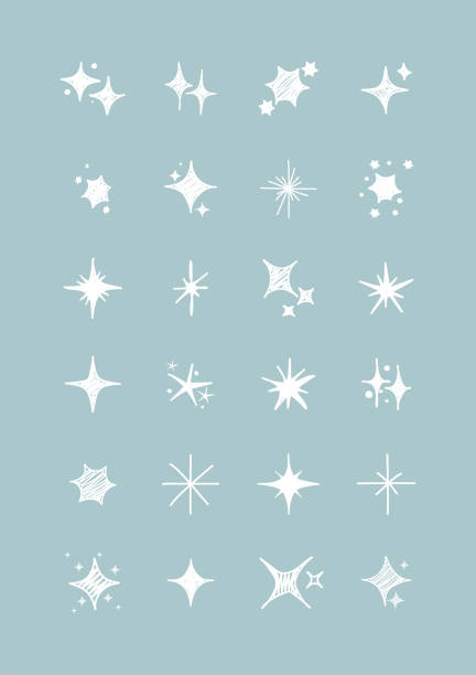 Vector set of white sparkles. Collection of star sparkles symbol. Design on light blue background. Vector set of white sparkles. Collection of star sparkles symbol. Design on light blue background. snowflake shape drawings stock illustrations
