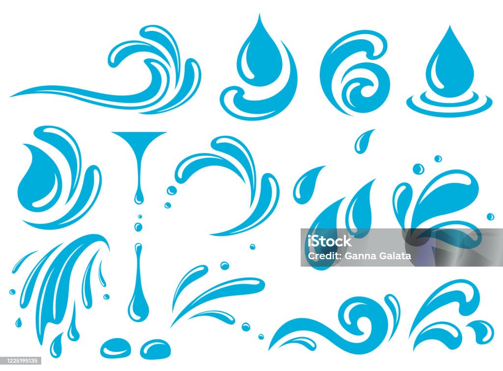 elemento de projeto de água, ícones de conjunto de gotas e respingos - Vetor de Água royalty-free