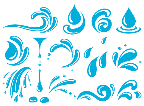 set of blue drops, splash, sea waves, pouring water, spray icons and design elements on white background