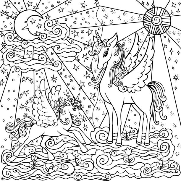 page for anti-tank coloring pages withunicorns page for anti-stress coloring with beautiful unicorns, art therapy for children and adults. a fascinating work. Mother and baby unicorn walk on clouds. pony wings stock illustrations