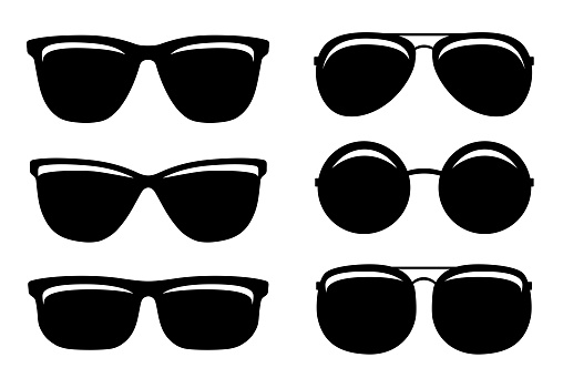 black glossy sunglasses summer set icons and glasses silhouette on white background