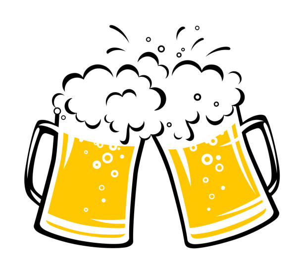 two clinking beer mugs with foam two hand drawn clinking beer mugs with bubbles, spray, drops and foam beer glass stock illustrations