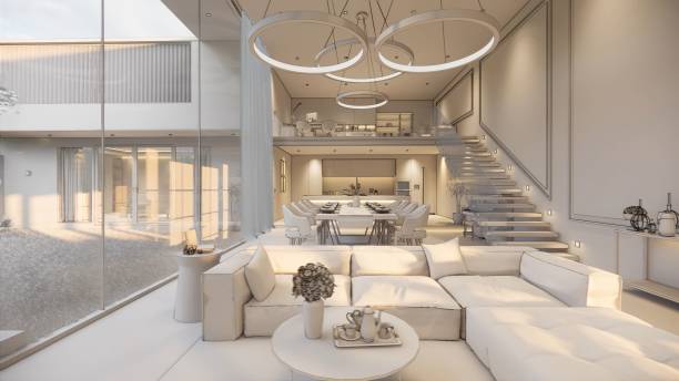 istock 3d rendering. Interior house modern open living space with kitchen.Luxury modern style Duplex apartment residence.Home decoration luxury  interior design. 1225199877