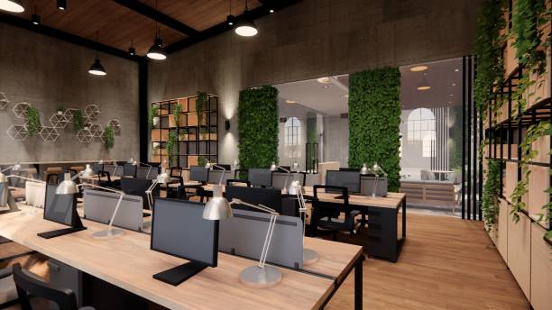 istock Interior Empty Modern Loft Office open space modern office footage.Modern open concept Lobby and reception area meeting room design. 3dRendering . 1225199948