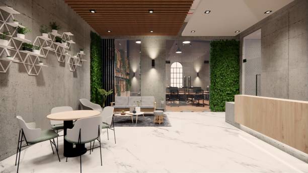 istock Interior Empty Modern Loft Office open space modern office footage.Modern open concept Lobby and reception area meeting room design. 3dRendering . 1225199954