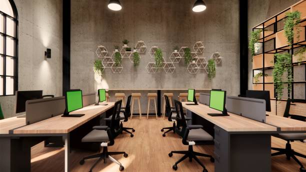 istock Interior Empty Modern Loft Office open space modern office footage.Modern open concept Lobby and reception area meeting room design. 3dRendering . 1225199960