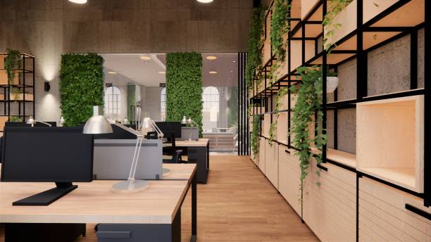 istock Interior Empty Modern Loft Office open space modern office footage.Modern open concept Lobby and reception area meeting room design. 3dRendering . 1225199964