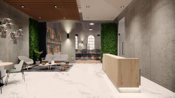 istock Interior Empty Modern Loft Office open space modern office footage.Modern open concept Lobby and reception area meeting room design. 3dRendering . 1225199973