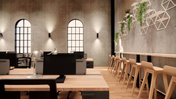 istock Interior Empty Modern Loft Office open space modern office footage.Modern open concept Lobby and reception area meeting room design. 3dRendering . 1225199976