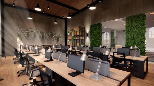 istock Interior Empty Modern Loft Office open space modern office footage.Modern open concept Lobby and reception area meeting room design. 3dRendering . 1225199979
