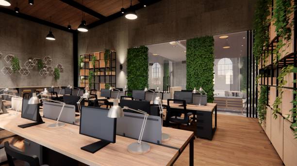 istock Interior Empty Modern Loft Office open space modern office footage.Modern open concept Lobby and reception area meeting room design. 3dRendering . 1225199980