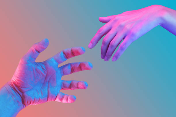 istock Two hand in a pop art collage style in neon bold colors. Modern psychedelic creative element with human palm for posters, banners, wallpaper. Copy space for text. Magazine style. Zine culture. 1225201256