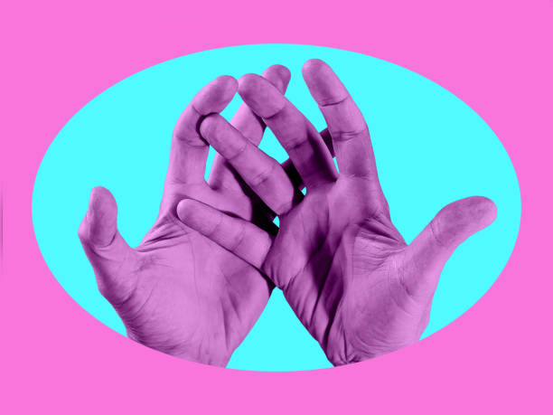 istock Two hand in a pop art collage style in neon bold colors. Modern psychedelic creative element with human palm for posters, banners, wallpaper. Copy space for text. Magazine style. Zine culture. 1225201263