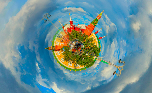 panoramic image of Kremlin in Moscow looks like little planet. Ecology and space concept