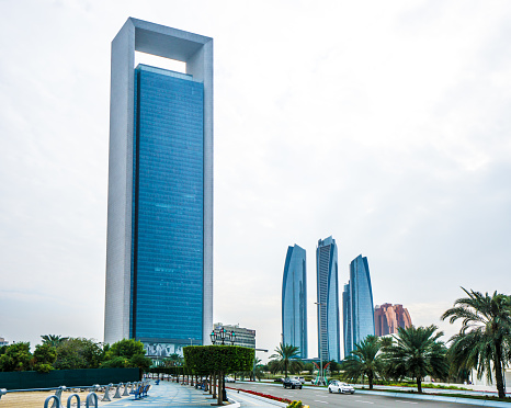 Abu Dhabi, VEW - 10. December 2019 - View from a Abu Dhabi viewpoint at Al Kasir st to High rise buildings. From a vantage point tourists have a good view of the high-rise buildings opposite the bay