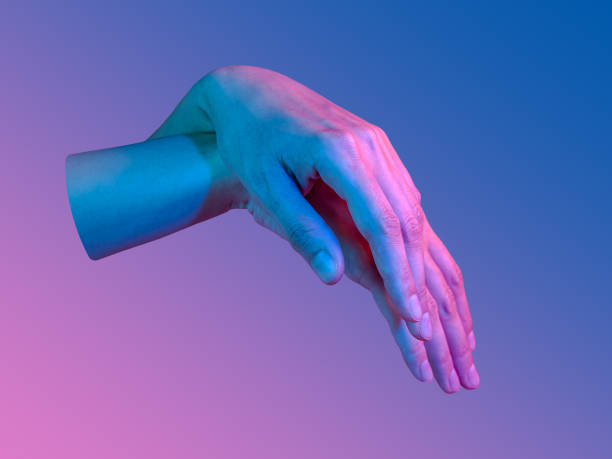 istock Two hand in a pop art collage style in neon bold colors. Modern psychedelic creative element with human palm for posters, banners, wallpaper. Copy space for text. Magazine style. Zine culture. 1225203312