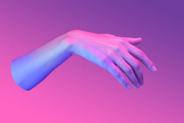 istock Hand in a pop art collage style in neon bold colors. Modern psychedelic creative element with human palm for posters, banners, wallpaper. Copy space for text. Magazine style template. Zine culture. 1225203323