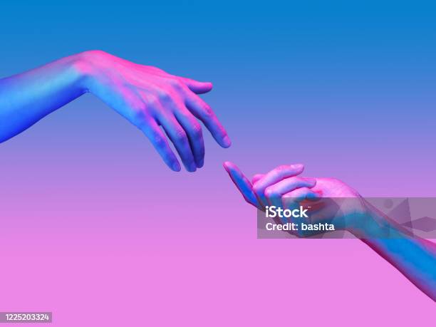 Two Hand In A Pop Art Collage Style In Neon Bold Colors Modern Psychedelic Creative Element With Human Palm For Posters Banners Wallpaper Copy Space For Text Magazine Style Zine Culture Stock Photo - Download Image Now