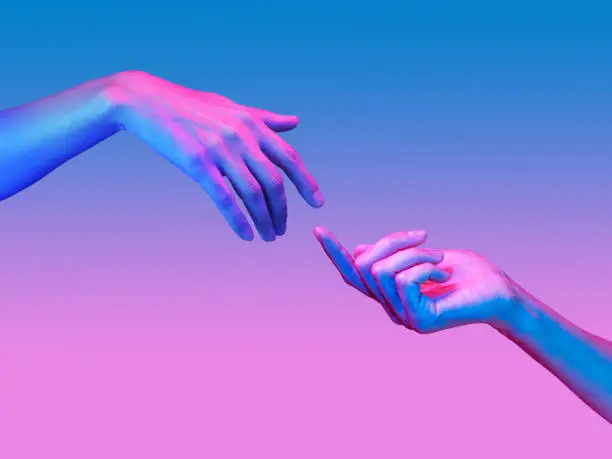 Photo of Two hand in a pop art collage style in neon bold colors. Modern psychedelic creative element with human palm for posters, banners, wallpaper. Copy space for text. Magazine style. Zine culture.