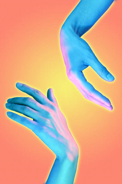 istock Two hand in a pop art collage style in pastel bold colors. Modern psychedelic creative element with human palm for posters, banners, wallpaper. Copy space for text. Magazine style. Zine culture. 1225203450