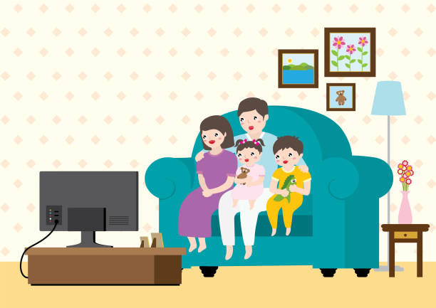 64 Happy Family At Home Watching Tv Illustrations & Clip Art - iStock