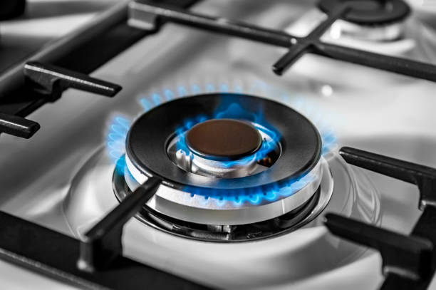 Gas burner. Safe use of gas equipment. Gas burning. Selective focus. Close up stock photo