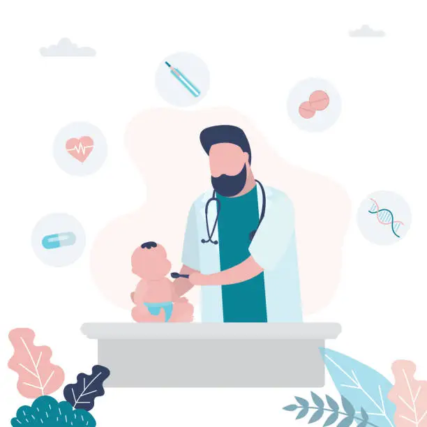 Vector illustration of Pediatrician doctor examines a child. Infant baby and handsome male medical specialist. Health care