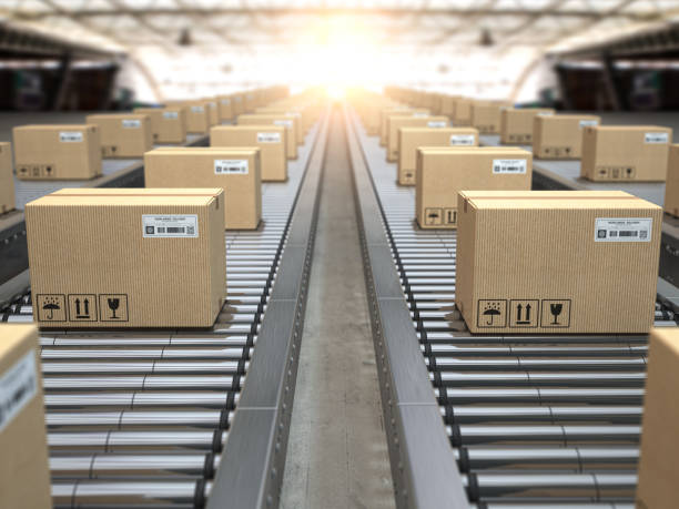 istock Box on conveyor roller.  Delivery service, distribution warehouse  and parcels transportation system. 1225207135