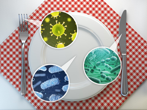 Dirty kitchen utensils  and food bactery concept. Utensils plate, fork and spoon with bacteries and viruses. 3d illustration