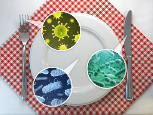 Dirty kitchen utensils  and food bactery concept. Utensils plate, fork and spoon with bacteries and viruses. Dirty kitchen utensils  and food bactery concept. Utensils plate, fork and spoon with bacteries and viruses. 3d illustration gastroenteritis stock pictures, royalty-free photos & images