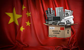 Household appliances made in China. Home kitchen technics in a cardboard box producted and delivered from China.