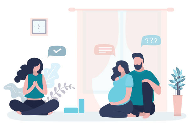 Happy love couple, female guru sitting in lotus yoga pose. Beauty pregnant woman and handsome man in living room. Happy love couple, female instructor sitting in lotus yoga pose. Beauty pregnant woman and handsome man in living room. Health care, athletic family in home interior. Yoga lesson with woman teacher. Vector meditation room stock illustrations