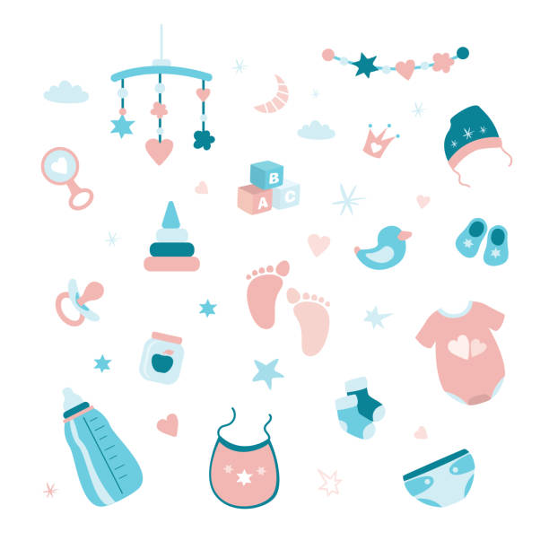 Set of elements and objects for a newborn baby. Collection of symbols and icons for infant. Set of elements and objects for a newborn baby. Collection of symbols and icons for infant. Doodle tools isolated on white background. Flat vector illustration bean bag illustrations stock illustrations