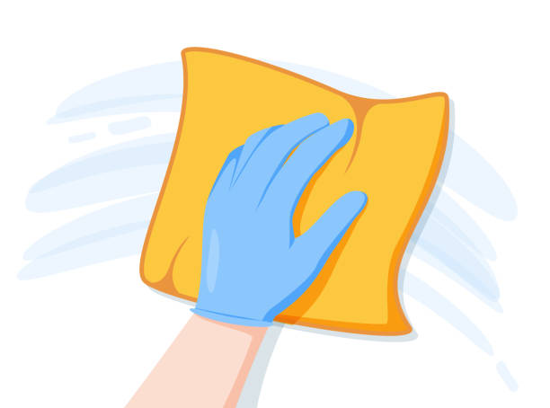 Cleaning napkin in the hands of a houseworker. Cleaning window. Wipe with a cloth, yellow microfiber, blue gloves. Cleaning napkin in the hands of a houseworker. Cleaning window. Wipe with a cloth, yellow microfiber, blue gloves. Housekeeping service. Vector illustration flat design. The concept of disinfection. cleaning drawings stock illustrations