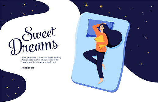 Sweet dreams, good health concept. Young woman sleeps on side. Vector illustration of girl and cat in bed, night sky